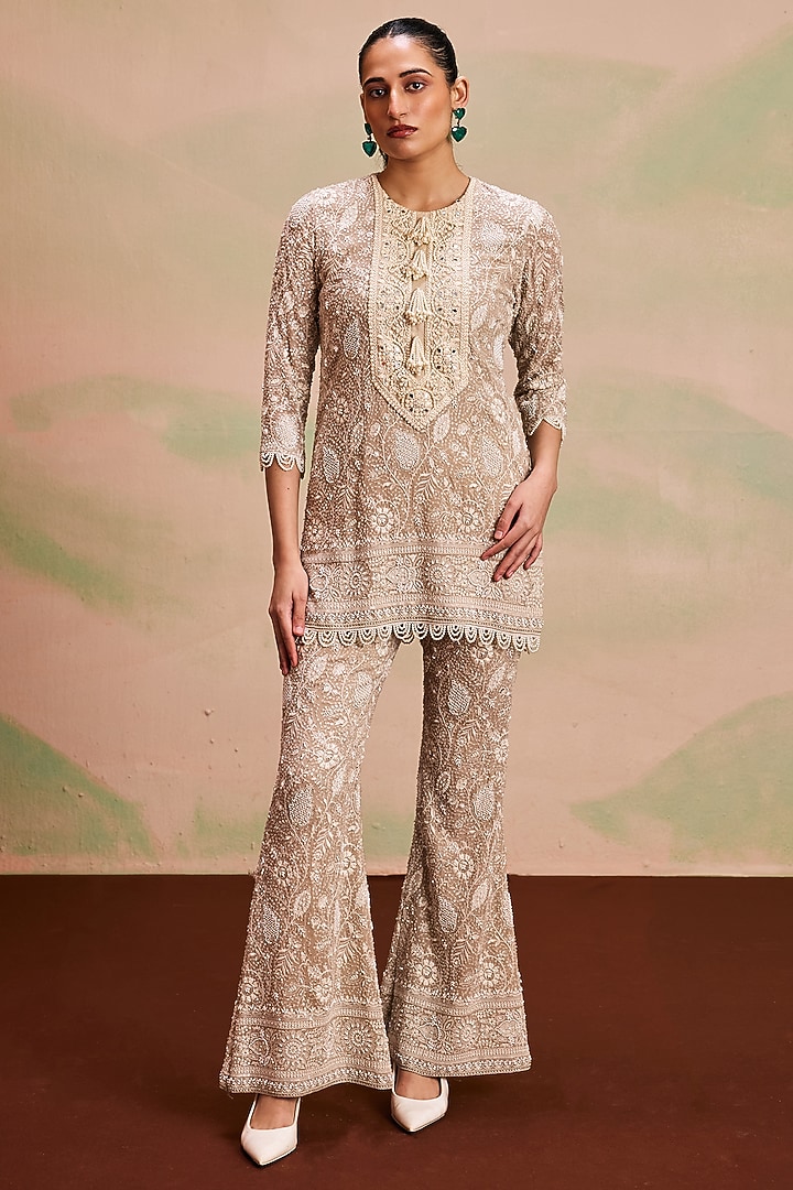 Beige Georgette Pearl Embroidered Kurta Set by EVRA BY NIKITA KHURANA at Pernia's Pop Up Shop