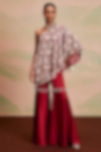 Red Georgette Pearl Machine Embroidered Off-Shoulder Cape Set by EVRA BY NIKITA KHURANA at Pernia's Pop Up Shop