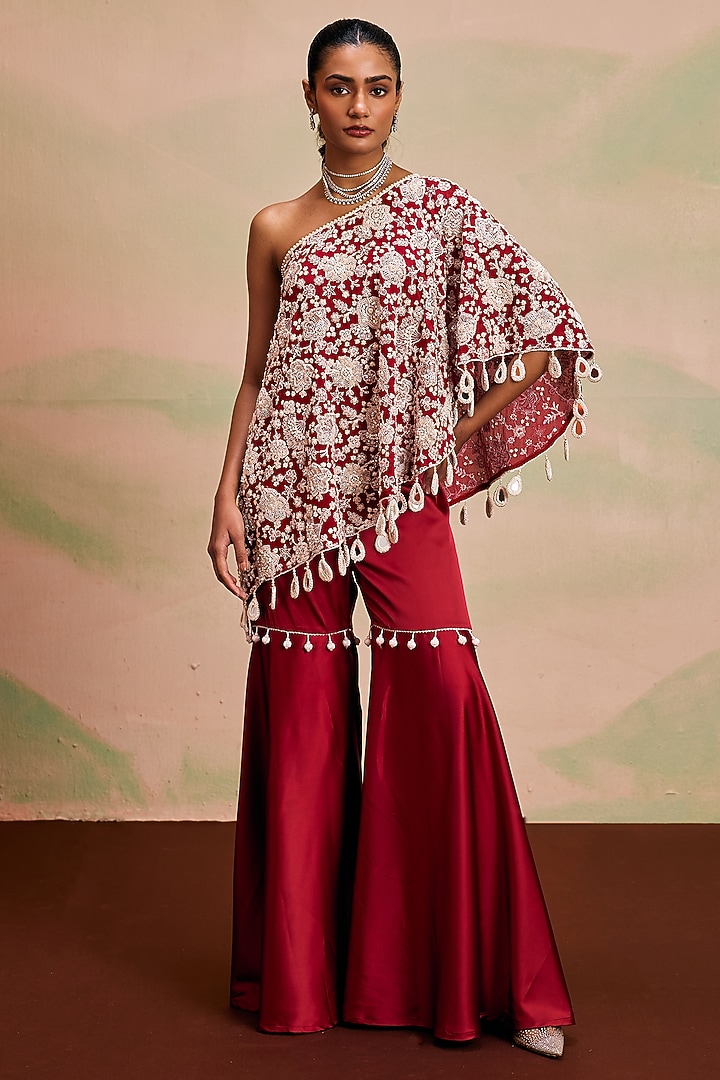 Red Georgette Pearl Machine Embroidered Off-Shoulder Cape Set by EVRA BY NIKITA KHURANA at Pernia's Pop Up Shop