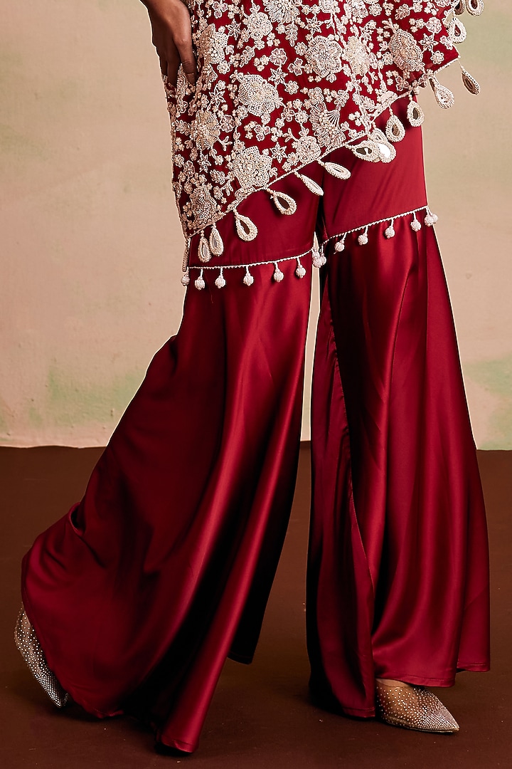 Red Georgette Pearl Machine Embroidered Off-Shoulder Cape Set by EVRA BY NIKITA KHURANA at Pernia's Pop Up Shop