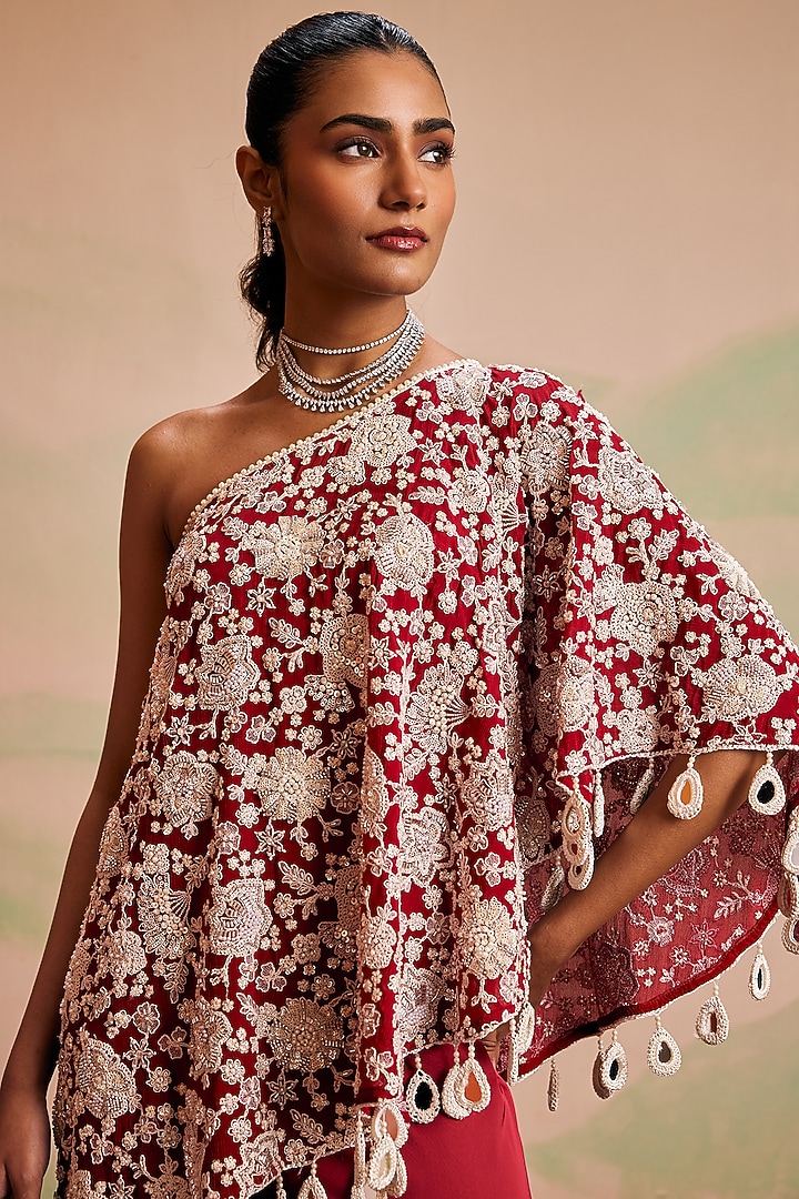 Red Georgette Pearl Machine Embroidered Off-Shoulder Cape Set by EVRA BY NIKITA KHURANA at Pernia's Pop Up Shop