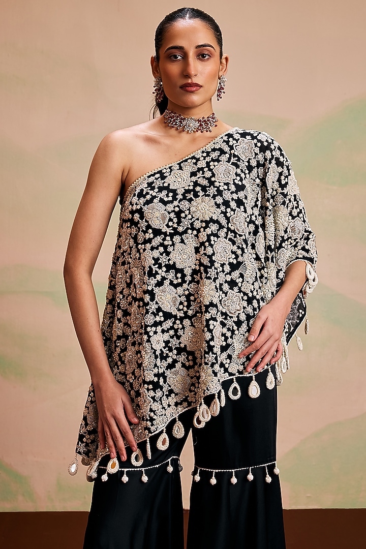 Black Georgette Pearl Machine Embroidered Off-Shoulder Cape Set by EVRA BY NIKITA KHURANA at Pernia's Pop Up Shop