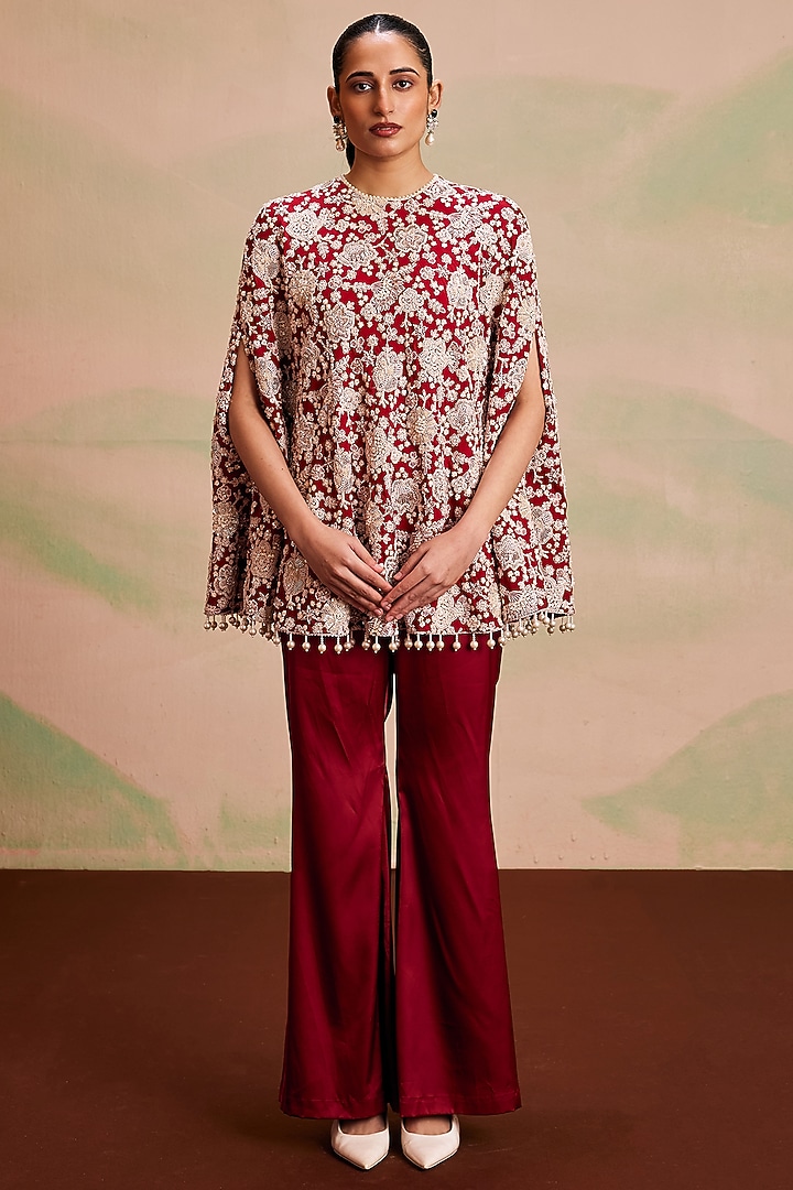 Red Georgette Pearl Machine Embroidered Cape Set by EVRA BY NIKITA KHURANA at Pernia's Pop Up Shop