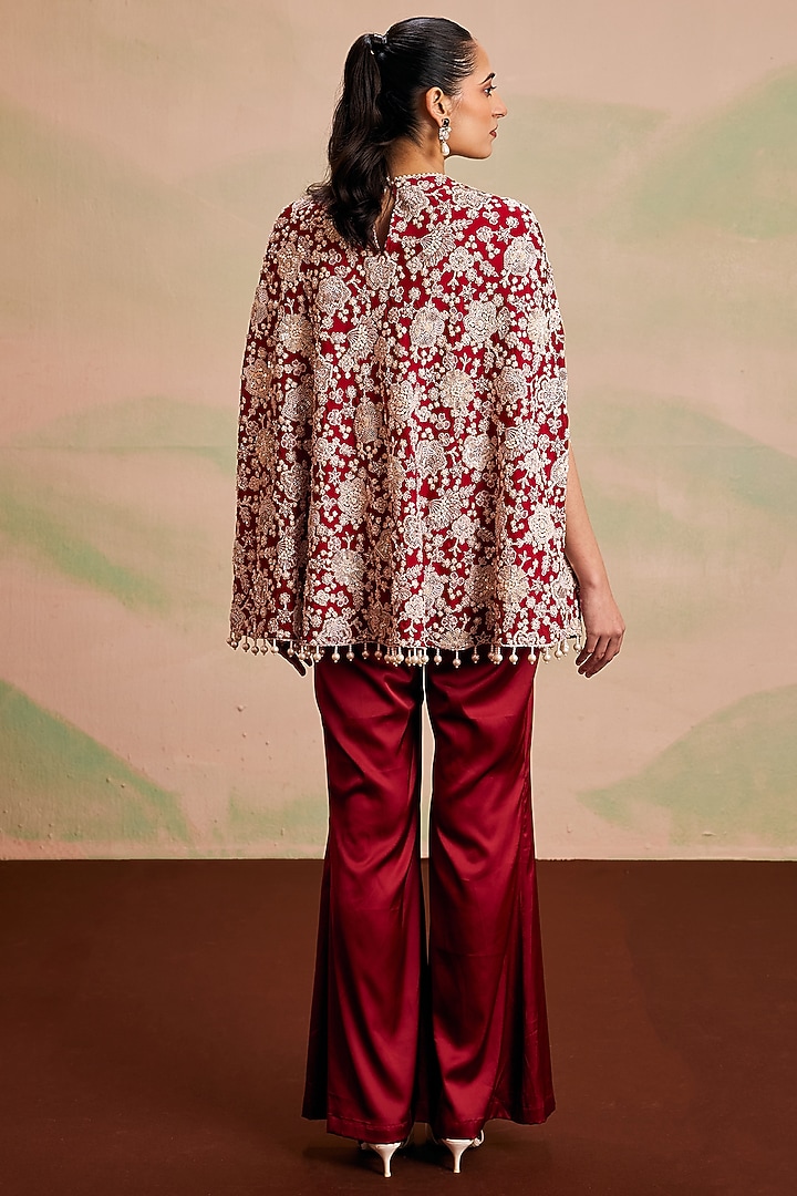 Red Georgette Pearl Machine Embroidered Cape Set by EVRA BY NIKITA KHURANA at Pernia's Pop Up Shop