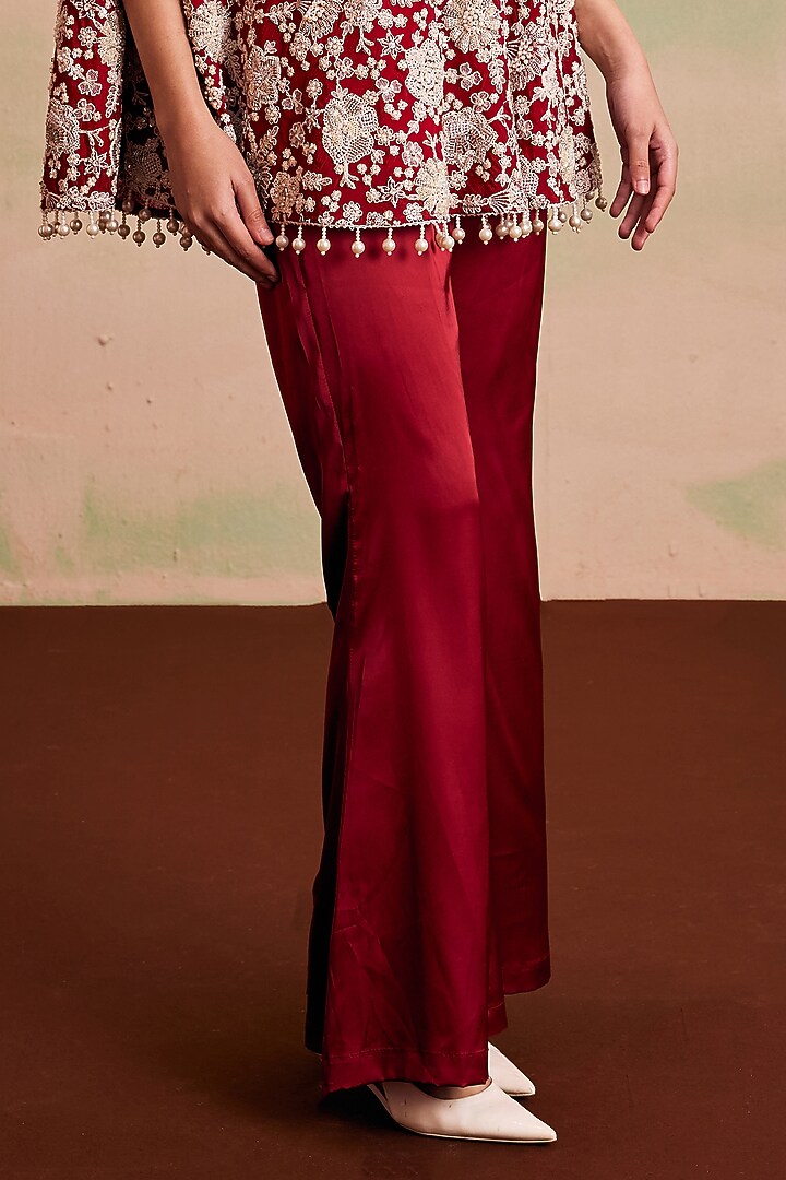 Red Georgette Pearl Machine Embroidered Cape Set by EVRA BY NIKITA KHURANA at Pernia's Pop Up Shop