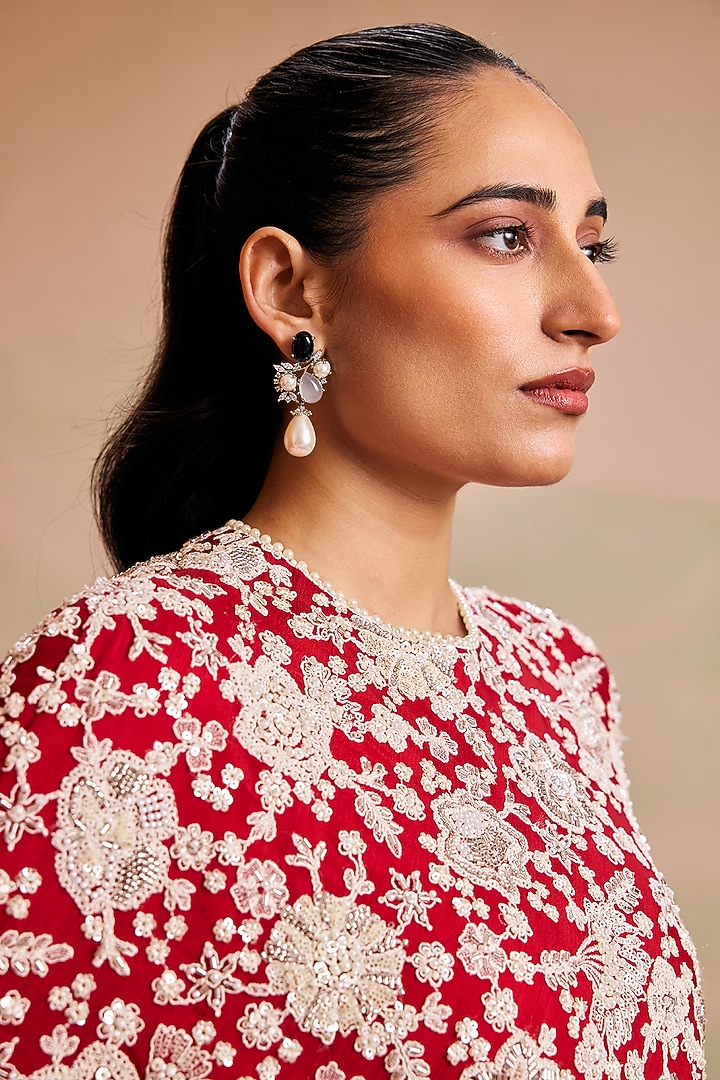 Red Georgette Pearl Machine Embroidered Cape Set by EVRA BY NIKITA KHURANA at Pernia's Pop Up Shop