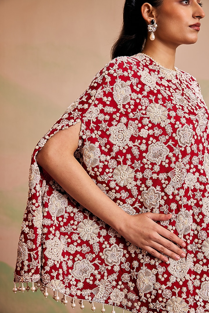 Red Georgette Pearl Machine Embroidered Cape Set by EVRA BY NIKITA KHURANA at Pernia's Pop Up Shop