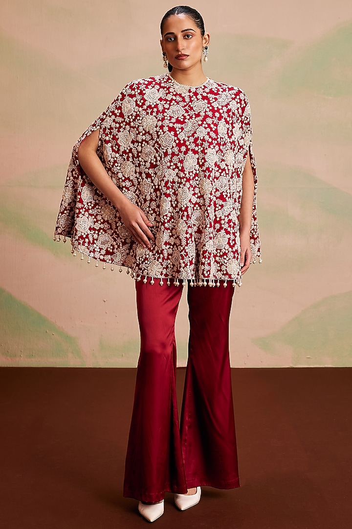 Red Georgette Pearl Machine Embroidered Cape Set by EVRA BY NIKITA KHURANA at Pernia's Pop Up Shop
