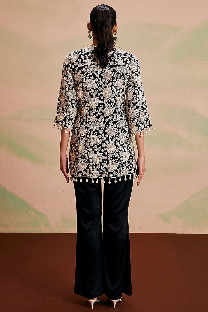 Black Georgette Pearl Machine Embroidered Kurta Set by EVRA BY NIKITA KHURANA at Pernia's Pop Up Shop
