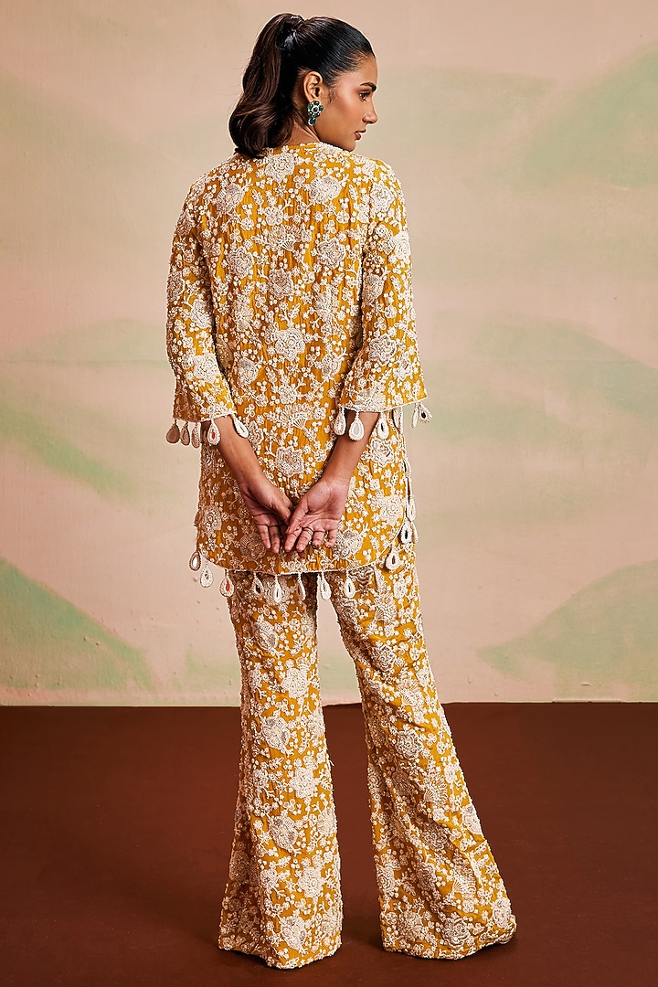 Yellow Georgette Pearl Machine Embroidered Co-Ord Set by EVRA BY NIKITA KHURANA at Pernia's Pop Up Shop