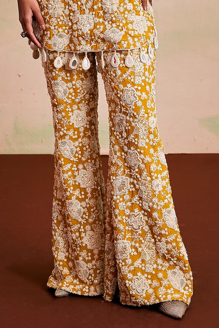 Yellow Georgette Pearl Machine Embroidered Co-Ord Set by EVRA BY NIKITA KHURANA at Pernia's Pop Up Shop
