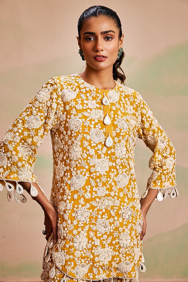 Yellow Georgette Pearl Machine Embroidered Co-Ord Set by EVRA BY NIKITA KHURANA at Pernia's Pop Up Shop