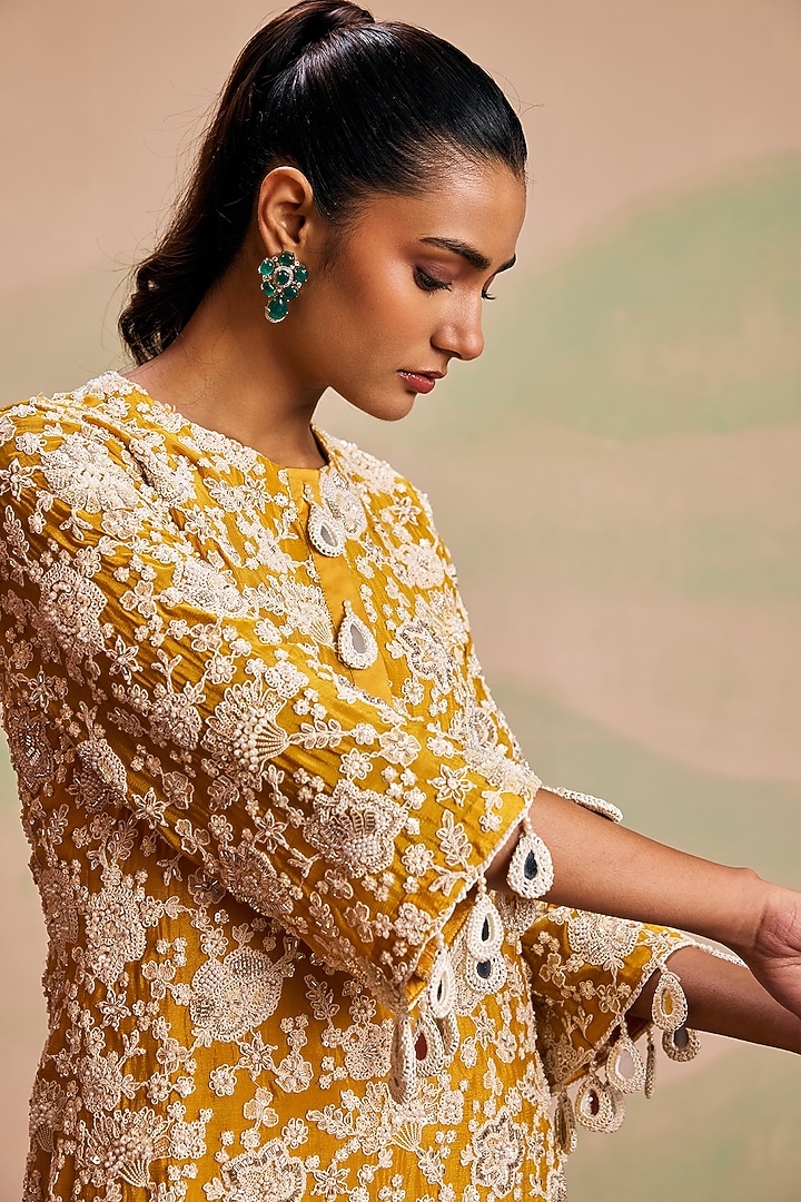 Yellow Georgette Pearl Machine Embroidered Co-Ord Set by EVRA BY NIKITA KHURANA at Pernia's Pop Up Shop