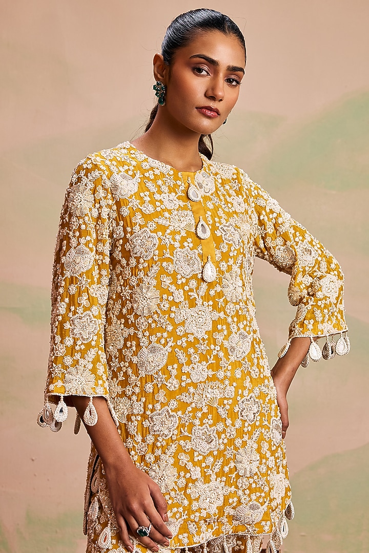 Yellow Georgette Pearl Machine Embroidered Co-Ord Set by EVRA BY NIKITA KHURANA at Pernia's Pop Up Shop