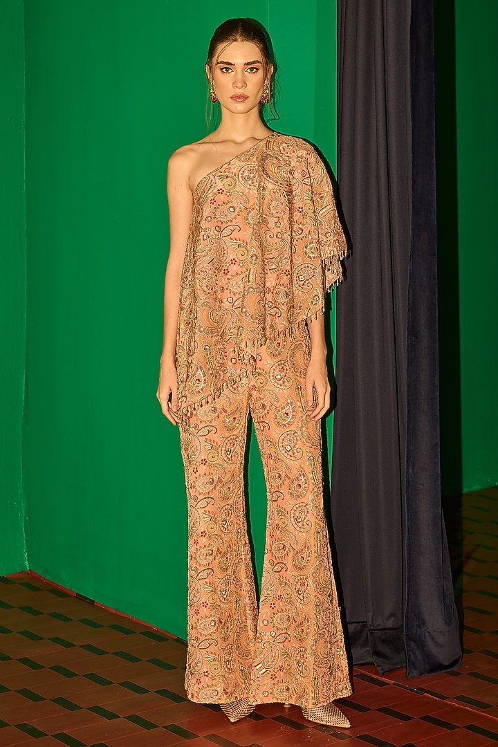 Peach Georgette Thread Embroidered Cape Set by EVRA BY NIKITA KHURANA at Pernia's Pop Up Shop