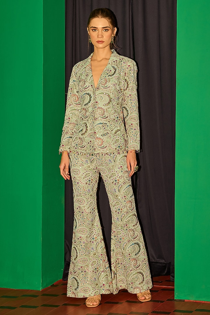 Lime Green Georgette Thread Embroidered Co-Ord Set by EVRA BY NIKITA KHURANA at Pernia's Pop Up Shop
