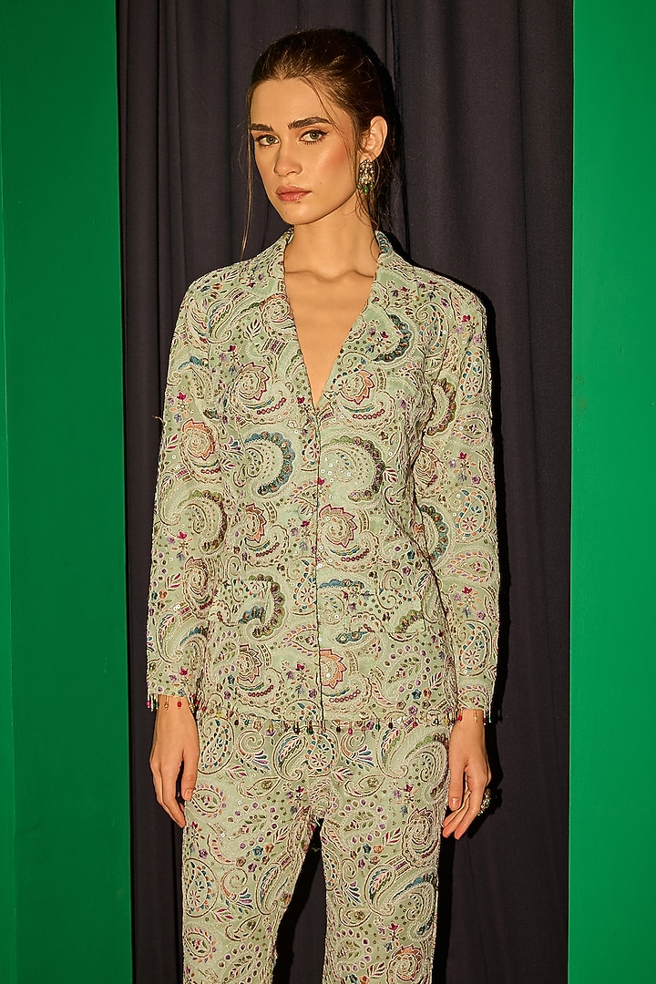 Lime Green Georgette Thread Embroidered Co-Ord Set by EVRA BY NIKITA KHURANA at Pernia's Pop Up Shop