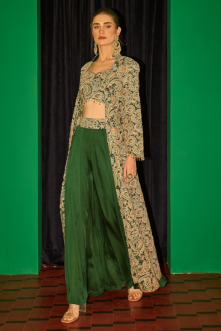 Green Georgette Thread Embroidered Jacket Set by EVRA BY NIKITA KHURANA at Pernia's Pop Up Shop