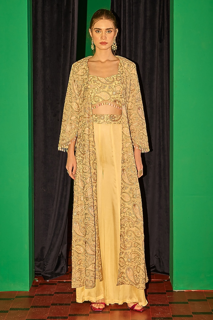 Lemon Yellow Georgette Thread Embroidered Jacket Set by EVRA BY NIKITA KHURANA at Pernia's Pop Up Shop