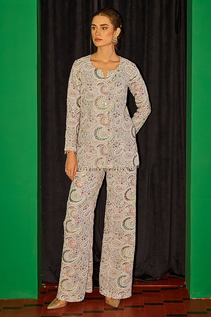 Grey Georgette Thread Embroidered Co-Ord Set by EVRA BY NIKITA KHURANA at Pernia's Pop Up Shop