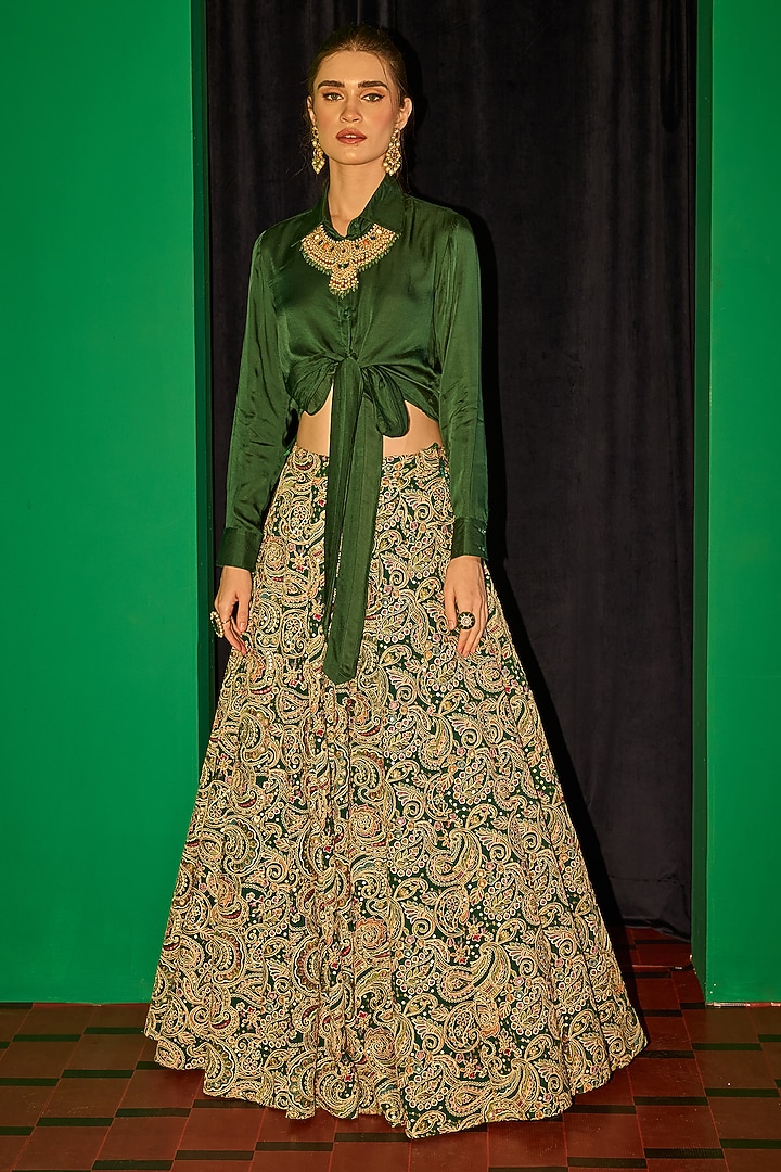 Green Georgette Thread Embroidered Wedding Lehenga Set by EVRA BY NIKITA KHURANA at Pernia's Pop Up Shop