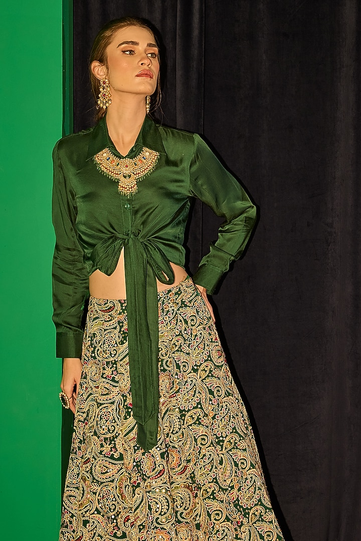 Green Georgette Thread Embroidered Wedding Lehenga Set by EVRA BY NIKITA KHURANA at Pernia's Pop Up Shop