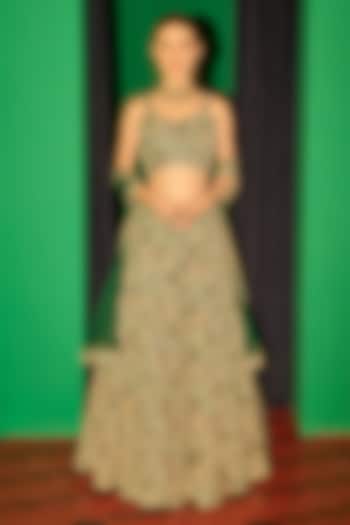 Green Georgette Thread Embroidered Wedding Lehenga Set by EVRA BY NIKITA KHURANA at Pernia's Pop Up Shop