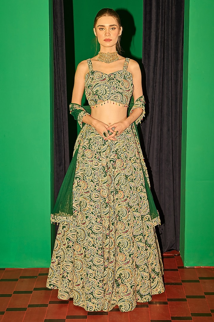 Green Georgette Thread Embroidered Wedding Lehenga Set by EVRA BY NIKITA KHURANA at Pernia's Pop Up Shop