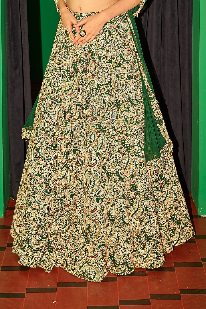 Green Georgette Thread Embroidered Wedding Lehenga Set by EVRA BY NIKITA KHURANA at Pernia's Pop Up Shop