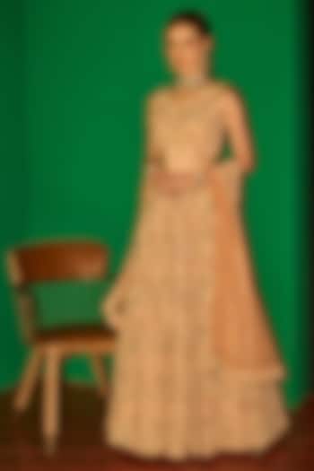 Peach Georgette Thread Embroidered Wedding Lehenga Set by EVRA BY NIKITA KHURANA at Pernia's Pop Up Shop