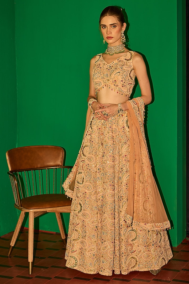 Peach Georgette Thread Embroidered Wedding Lehenga Set by EVRA BY NIKITA KHURANA at Pernia's Pop Up Shop