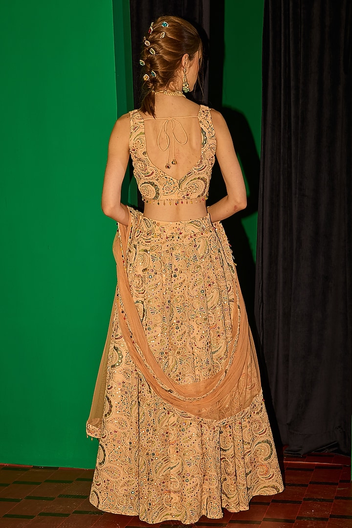 Peach Georgette Thread Embroidered Wedding Lehenga Set by EVRA BY NIKITA KHURANA at Pernia's Pop Up Shop