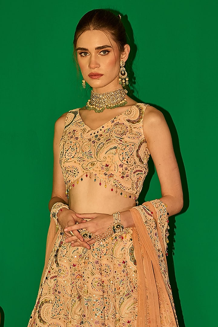 Peach Georgette Thread Embroidered Wedding Lehenga Set by EVRA BY NIKITA KHURANA at Pernia's Pop Up Shop