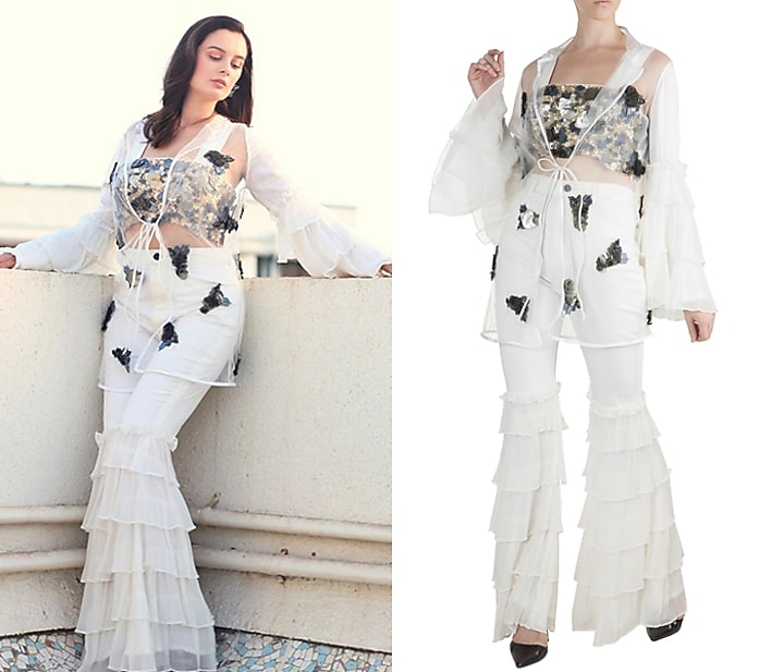 White Embroidered Jacket With Crop Top & Pants by PARNIKA at Pernia's Pop Up Shop