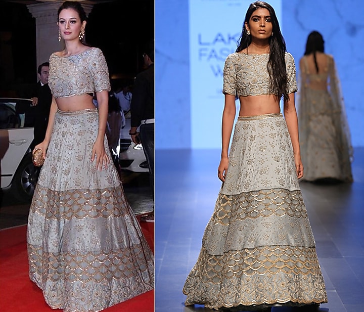 Powder Blue Pearl Off Shoulder Choli with Embroidered Lehenga Skirt available only at Pernia's Pop Up Shop.