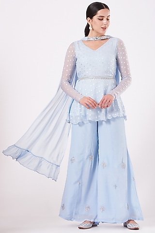 Powder Blue Hand Embroidered Sharara Set by EWAZ