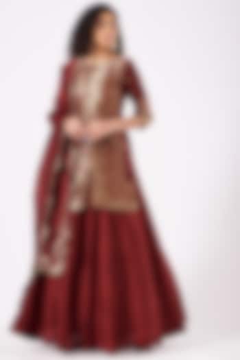 Deep Red Raw Silk Wedding Lehenga Set by EWAZ at Pernia's Pop Up Shop