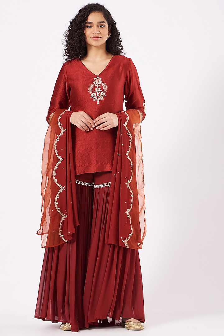 Deep Red Hand Embroidered Gharara Set by EWAZ