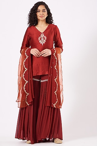 Deep Red Hand Embroidered Gharara Set by EWAZ