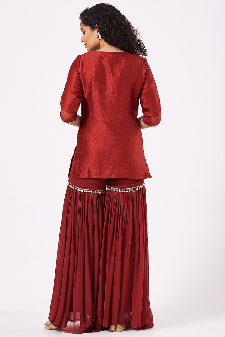 Deep Red Hand Embroidered Gharara Set by EWAZ at Pernia's Pop Up Shop