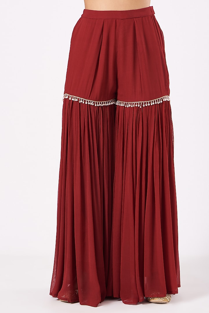 Deep Red Hand Embroidered Gharara Set by EWAZ at Pernia's Pop Up Shop