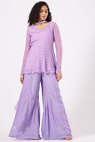 Lilac Hand Embroidered Sharara Set by EWAZ
