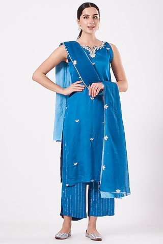 Cobalt Blue Hand Embroidered Kurta Set by EWAZ