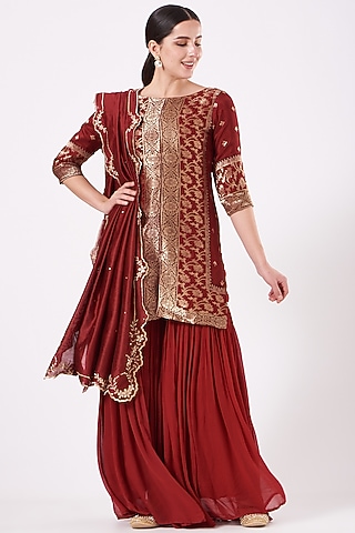 Deep Red Georgette Gharara Set by EWAZ
