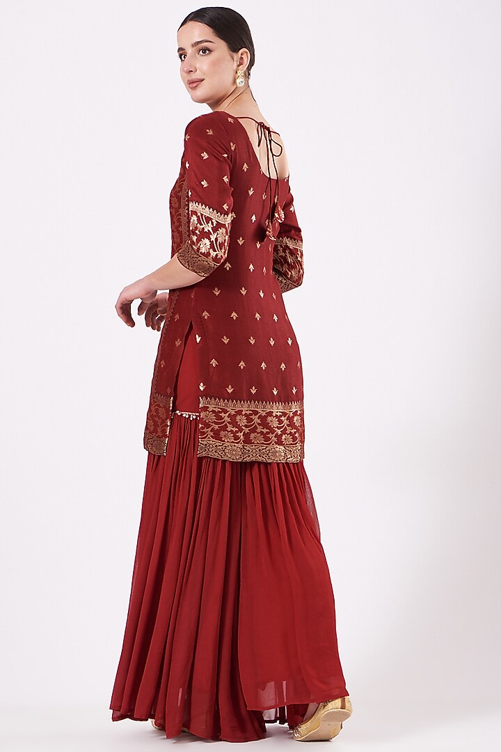 Deep Red Georgette Gharara Set by EWAZ at Pernia's Pop Up Shop