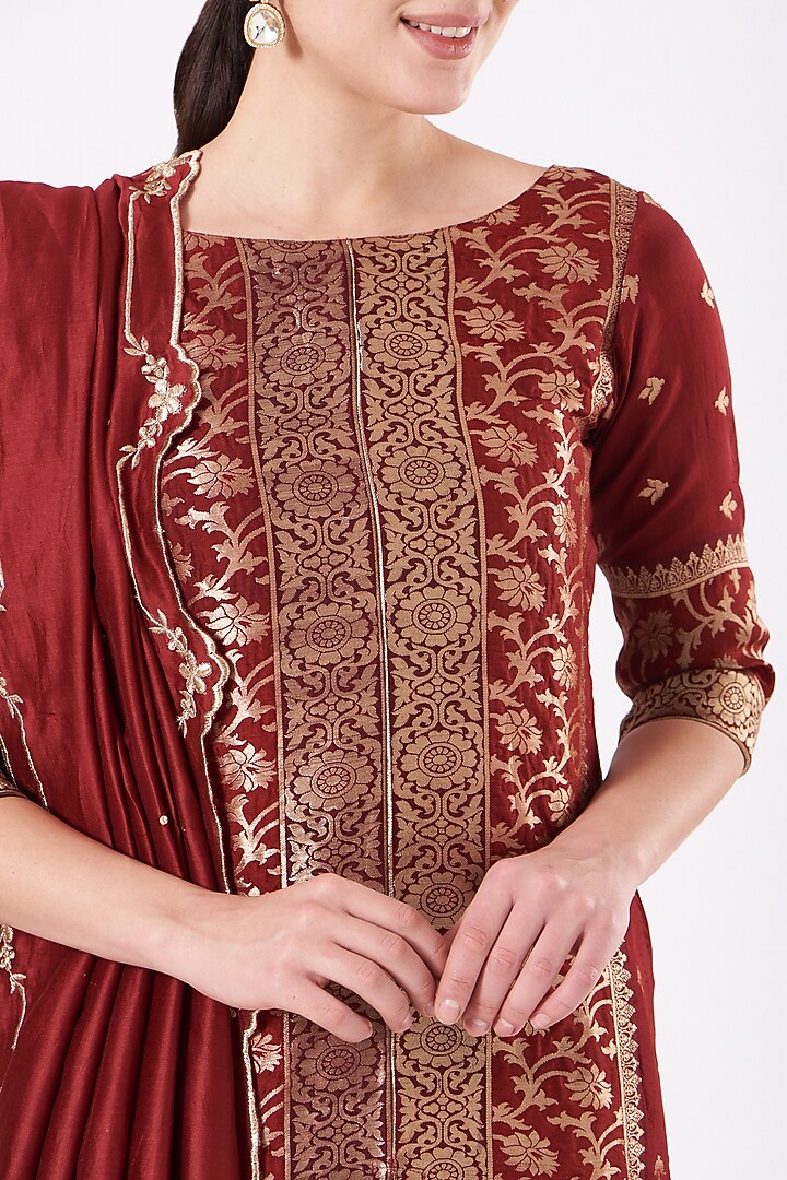 Deep Red Georgette Gharara Set by EWAZ at Pernia's Pop Up Shop