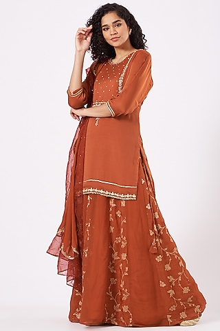 Rust Hand Embroidered Lehenga Set by EWAZ