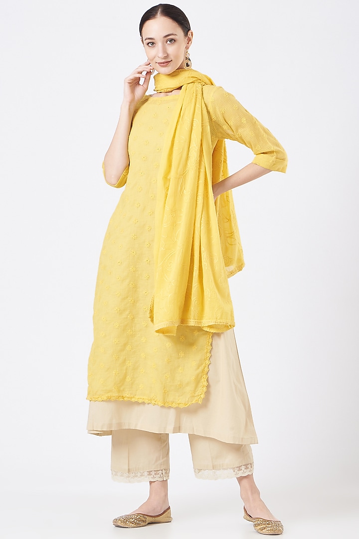 Yellow Embroidered Kurta Set by EWAZ at Pernia's Pop Up Shop