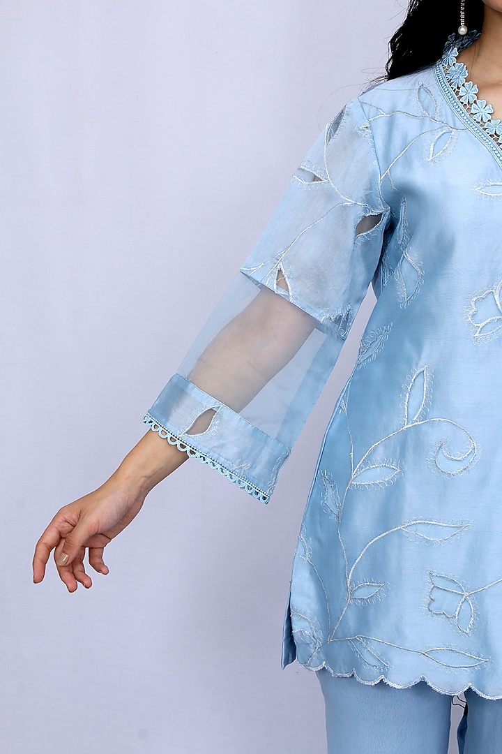 Powder Blue Embroidered Kurta Set by EWAZ at Pernia's Pop Up Shop