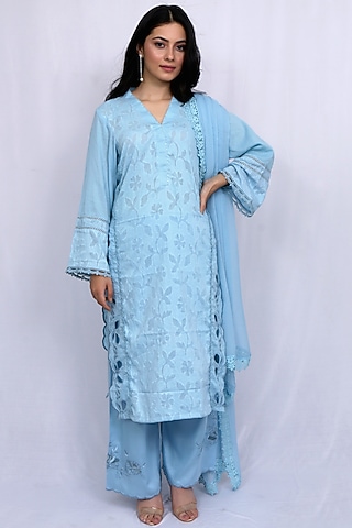 Powder Blue Satin Embroidered Kurta Set by EWAZ